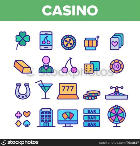 Casino Collection Play Elements Vector Icons Set Thin Line. Casino Chip And Cards, Smartphone and Laptop, Roulette And Dealer Concept Linear Pictograms. Color Contour Illustrations. Casino Color Play Elements Vector Icons Set