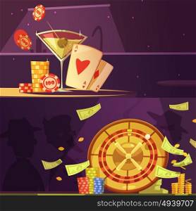 Casino Color Banners. Color cartoon banners depicting casino equipment roulette drink money cards and chips vector illustration