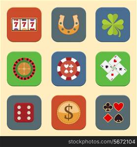 Casino color design elements with gambling poker roulette icons set isolated vector illustration