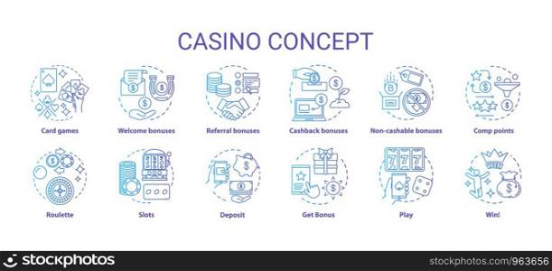 Casino concept icons set. Online games of chance and bonuses idea thin line illustrations. Slot machines, card games, roulette. Gambling. Vector isolated outline drawings pack
