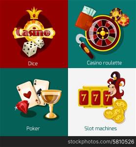 Casino design concept set with dice roulette poker slot machine icons isolated vector illustration. Casino Concept Set