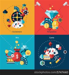 Casino design concept set with excitement temptation win game flat icons isolated vector illustration