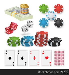 Casino Design Elements Vector. Poker Chips, Playing Cards, Craps. Isolated Illustration. Poker Design Elements Vector. Money Stacks, Chips, Playing Gambling Cards. Royal Casino Retro Poker Club Illustration