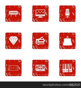 Casino document icons set. Grunge set of 9 casino document vector icons for web isolated on white background. Casino document icons set, grunge style