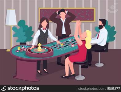Casino flat color vector illustration. Group of people play at roulette table. Croupier deal chips. Woman spin wheel. Gambler 2D cartoon characters in interior with competitors on background