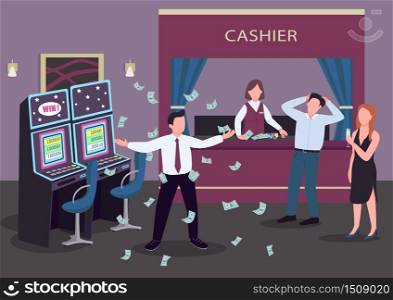 Casino flat color vector illustration. Man winning at game of chance. Slot machines throw cash prize. Winner celebrates. Gambler 2D cartoon characters in interior with cashier counter on background