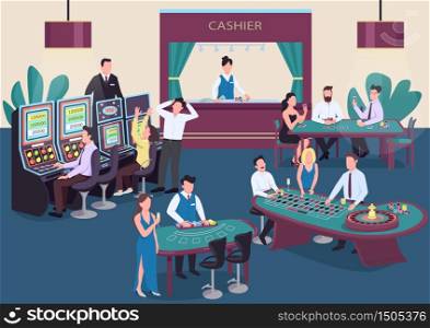 Casino flat color vector illustration. People play poker at table. Man spin roulette wheel. Woman at slot machine. Gambler 2D cartoon characters in interior with cashier on background