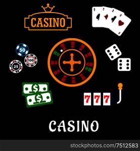 Casino flat icons with symbols of roulette wheel, dice, playing cards, gambling chips, dollar bills, casino sign board with golden crown and slot machine with triple seven . Casino flat icons with gambling symbols