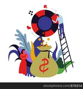 Casino gambling and money dollar cash in bag vector. Man person on ladder, cards of diamond, spades and clubs, hearts signs. Female woman standing by coins from roulette and happy of lucky win. Casino gambling and money cash in bag vector