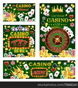 Casino, gambling and poker games. Vector fortune wheel, lucky sevens combination, royal crown, gamble dices and chips. Blackjack playing cards, golden coins and stakes, game of chance. Casino gambling game, poker, chips, fortune wheel