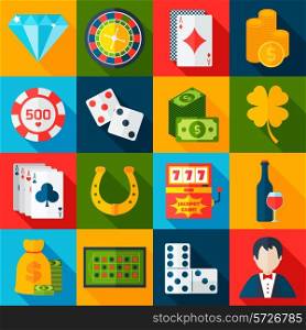 Casino gambling flat icons set with horseshoe slot machine chips isolated vector illustration