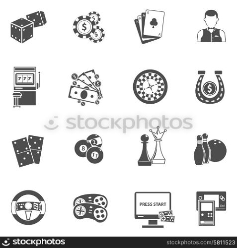 Casino gambling games black icons set. Computer mobile site for gambling machine playing roulette wheel online black icons set abstract isolated vector illustration