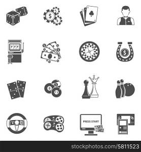Casino gambling games black icons set. Computer mobile site for gambling machine playing roulette wheel online black icons set abstract isolated vector illustration