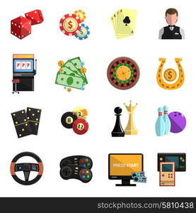 Casino gambling games flat icons set. Casino club online for computer gambling games with cards deck flat icons set abstract isolated vector illustration