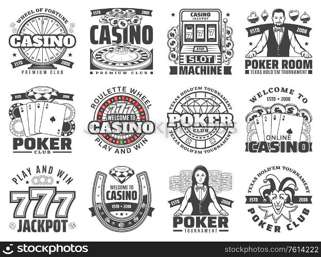 Casino gambling games isolated vector icons set. Poker club jackpot of lucky seven combinations, slot machine and croupier, roulette wheel play and win. Tournament and competitions monochrome labels. Casino gambling games isolated vector icons