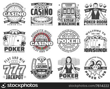 Casino gambling games isolated vector icons set. Poker club jackpot of lucky seven combinations, slot machine and croupier, roulette wheel play and win. Tournament and competitions monochrome labels. Casino gambling games isolated vector icons