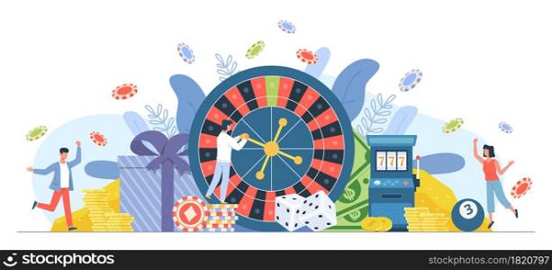 Casino gambling people. Happy man and woman playing roulette. Big win on fortune wheel. Cartoon players hit jackpot and receive money. Cheerful persons celebrate lottery winning. Vector gamble concept. Casino gambling people. Man and woman playing roulette. Big win on fortune wheel. Cartoon players hit jackpot and receive money. Persons celebrate lottery winning. Vector gamble concept