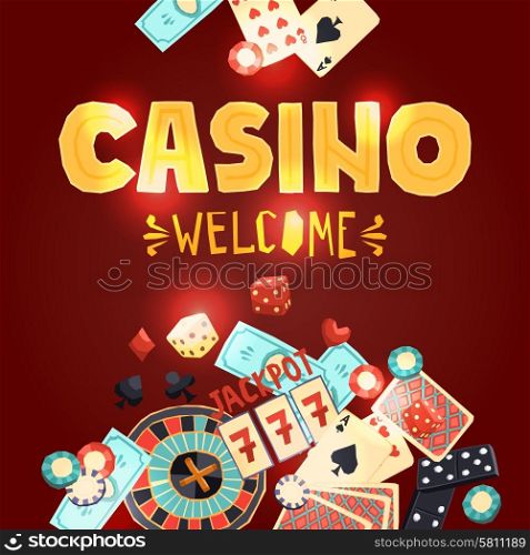 Casino gambling poster with poker cards dice roulette domino chips slot machine vector illustration. Casino gambling poster