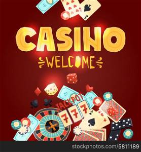 Casino gambling poster with poker cards dice roulette domino chips slot machine vector illustration. Casino gambling poster
