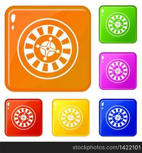 Casino gambling roulette icons set collection vector 6 color isolated on white background. Casino gambling roulette icons set vector color