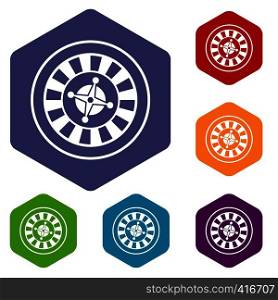 Casino gambling roulette icons set rhombus in different colors isolated on white background. Casino gambling roulette icons set
