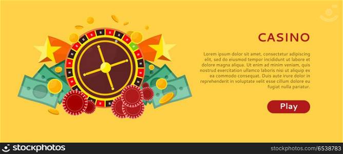 Casino Gambling Website Template. Casino gambling horizontal website template. European roulette wheel, chips and money on yellow background. Banner for online casino. Vector illustration in flat style. Casino background