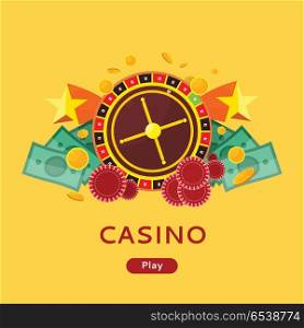 Casino Gambling Website Template. Casino gambling website template. European roulette wheel, chips and money on yellow background. Banner for online casino. Vector illustration in flat style. Casino background
