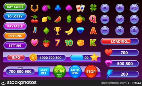 Casino game user interface menu, icons and buttons. Cartoon mobile gamble slot machine gui elements, progress bar and coin panel vector set. Illustration of casino interface button for menu. Casino game user interface menu, icons and buttons. Cartoon mobile gamble slot machine gui elements, progress bar and coin panel vector set