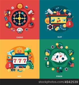 Casino Games Flat Icons Square Composition. Casino games roulette slot poker 777 pockie machine 4 flat icons vector illustration