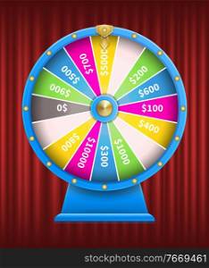 Casino games gambling vector, fortune wheel with numbers flat style. Playing on money, earning coins gaining wealth. Roulette with sectors segments. Fortune Wheel with Sum of Winning Money Casino