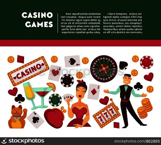 Casino games promotional Internet banner with sample text. Play cards, roulette wheel, woman in dress, male croupier, fruit machine display, gold coins and tasty cocktails vector illustrations set.. Casino games promotional Internet banner with sample text