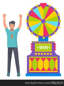 Casino games vector, fortune wheel with options and colored slots. Man happy of success and victory, winning money. Lucky character raising hands up. Flat cartoon. Lucky Person Gambling, Fortune Wheel Circle Game