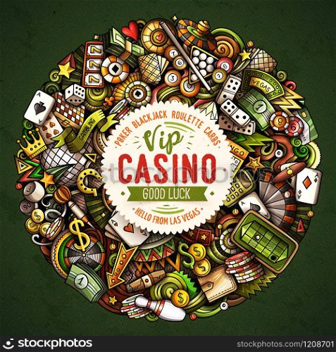 Casino hand drawn vector doodles illustration. Gambling elements and objects cartoon background. Bright colors funny picture. Casino hand drawn vector funny doodles illustration.