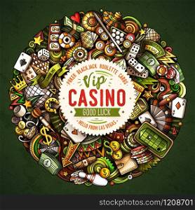 Casino hand drawn vector doodles illustration. Gambling elements and objects cartoon background. Bright colors funny picture. Casino hand drawn vector funny doodles illustration.