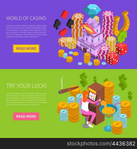 Casino Horizontal Isometric Banner. Casino horizontal isometric banners with gambling elements and girl at slot machine composition vector illustration