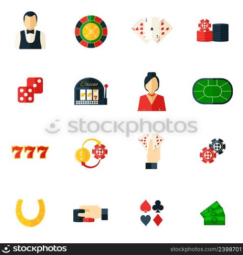 Casino icon flat set with roulette dice money isolated vector illustration
