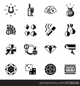 Casino icons black set with cigar dice money camera isolated vector illustration