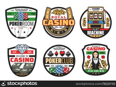 Casino icons, gamble game poker cards and dices. Vector casino symbols, golden horseshoe and croupier, dollars cash win jackpot, wheel of fortune playing token chips and gold coin. Gamble games, casino poker cards and dice