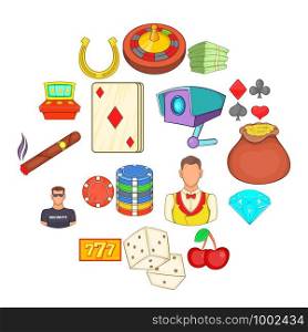 Casino icons set in cartoon style. Gambling set collection vector illustration. Casino icons set, cartoon style