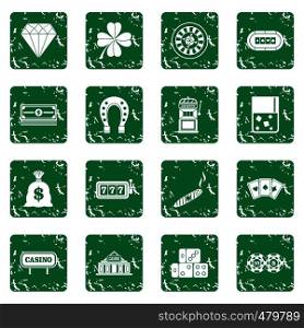 Casino icons set in grunge style green isolated vector illustration. Casino icons set grunge