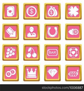 Casino icons set vector pink square isolated on white background . Casino icons set pink square vector