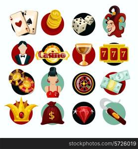 Casino icons set with roulette cigar jocker slot machine isolated vector illustration