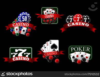 Casino icons with poker hands of aces cards, gambling chips, jackpot lucky triple seven and roulette table, decorated by red ribbon banners. Casino, poker, jackpot and roulette icons