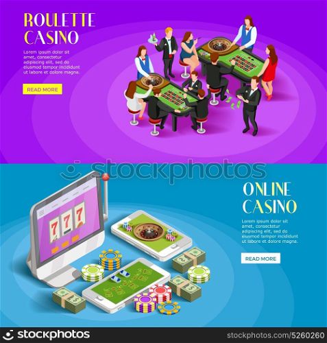 Casino Isometric Banners Set. Casino isometric banners with roulette gambling tables people characters and online gaming apps with read more button vector illustration