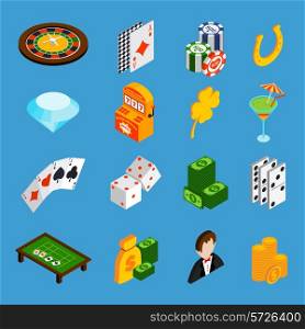 Casino isometric icons set with roulette cards dice money isolated vector illustration