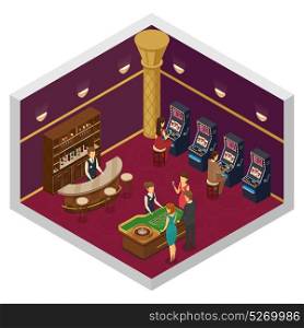 Casino Isometric Interior. Colored casino isometric interior with big room with slots and game table vector illustration