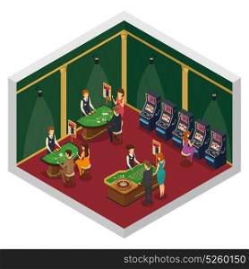 Casino Isometric Interior Composition. Colored casino isometric interior composition with two walls and red floor with gambling tables and visitors vector illustration