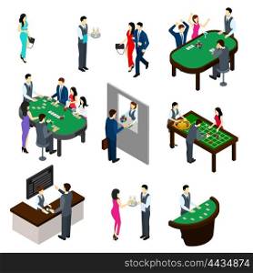 Casino Isometric Set. Casino and people isometric set with gambling and bet symbols isolated vector illustration