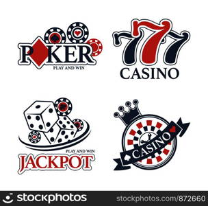 Casino Jackpot and poker club isolated promotional emblems set. Chips for stakes, win combination of sevens, small dice and roulette wheel cartoon flat vector illustrations on white background.. Casino Jackpot and poker club isolated promotional emblems set