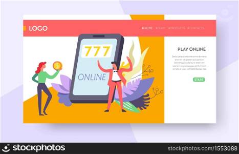 Casino jackpot online win web page template vector play cards gambling game player Internet site luck and fortune game sport and entertainment stakes and betting gambler poker and blackjack or holdem. Jackpot online casino win web page template